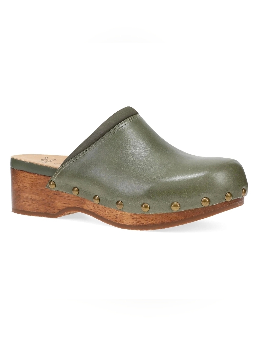 Dansko Andie Olive Green Leather Clog Mules with Wooden Sole